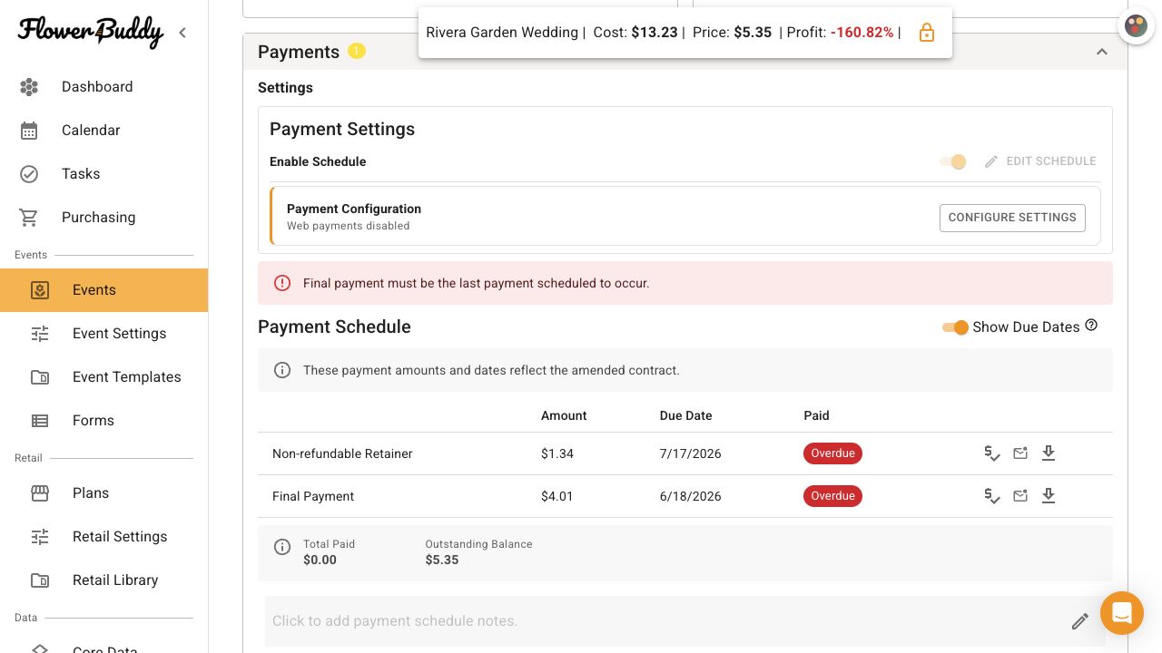FlowerBuddy Payments section showing payment settings, a payment schedule with overdue rows, and row actions for reviewing or downloading payment records.
