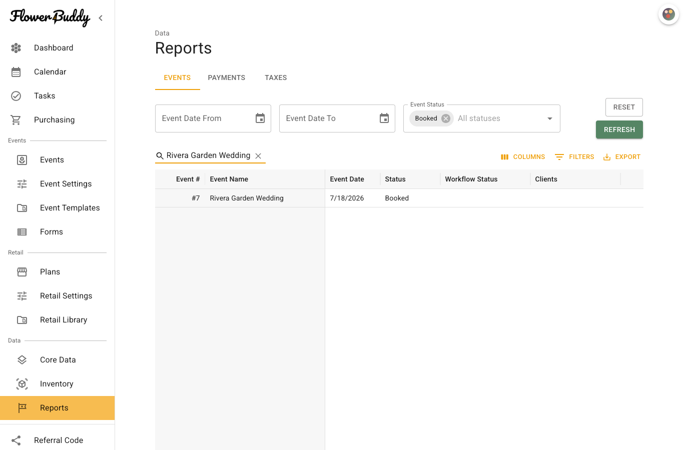 Events report with the Search rows field used to narrow the displayed event rows.