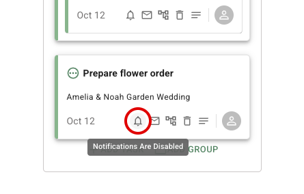 FlowerBuddy Prepare flower order task card with the notification bell circled and its tooltip visible, showing where to turn task reminders on or off.