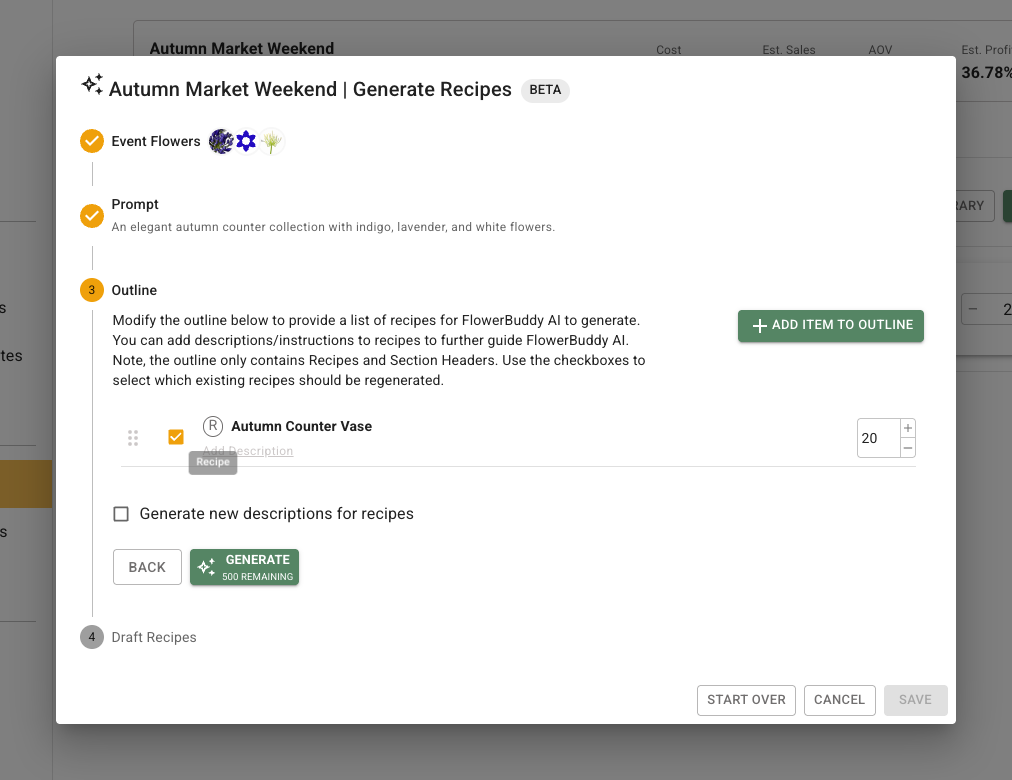 Generate Recipes dialog Outline step showing an existing recipe, product quantity, description control, and Generate action.