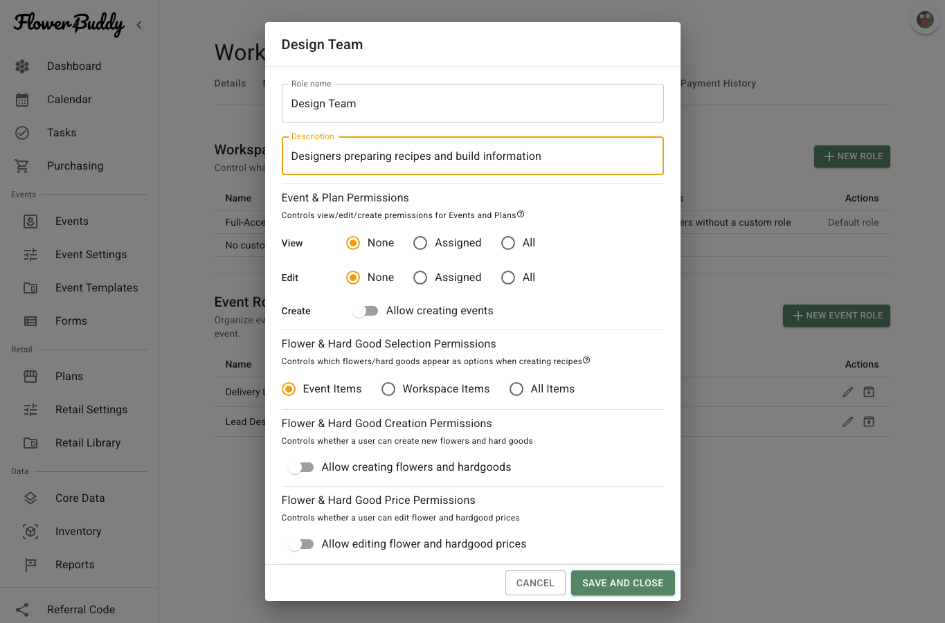 Workspace role editor for Design Team showing Event and Plan Permissions with View and Edit choices of None, Assigned, and All, plus Allow creating events.