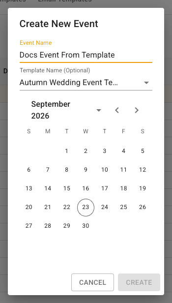 FlowerBuddy Create New Event dialog for a new event from a selected event template. The Event Name field is populated, the Template Name (Optional) field is selected, an event calendar is visible, and Create is available after a date is chosen.