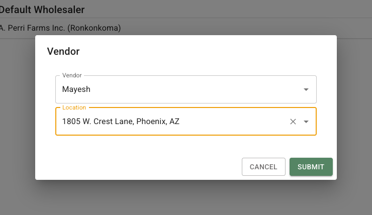 Wholesaler selection dialog showing supplier and location choices for adding a favorite on the Vendors tab
