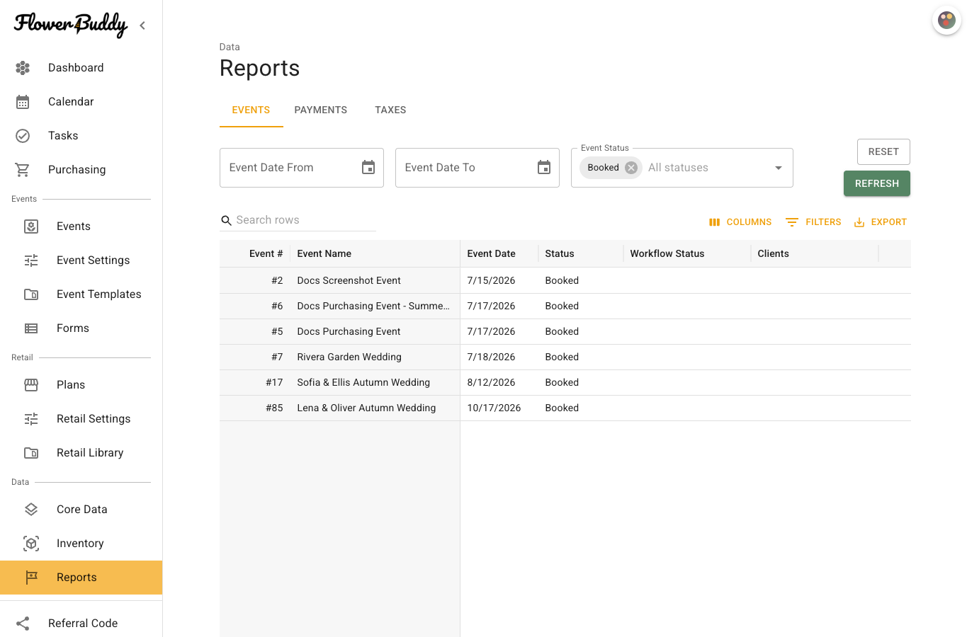 Reports page with the Events tab selected, date and Event Status filters, table tools, and populated event rows.