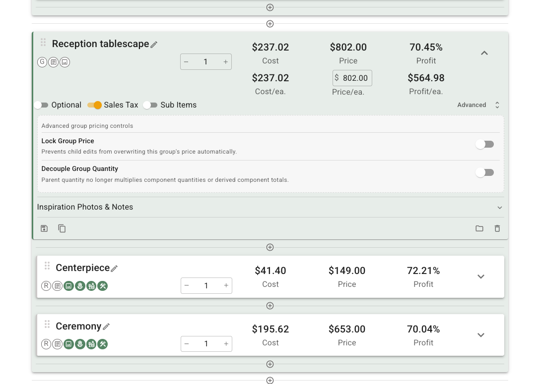 FlowerBuddy expanded recipe group with Advanced group pricing controls open, showing Lock Group Price and Decouple Group Quantity switches above two populated child recipes.