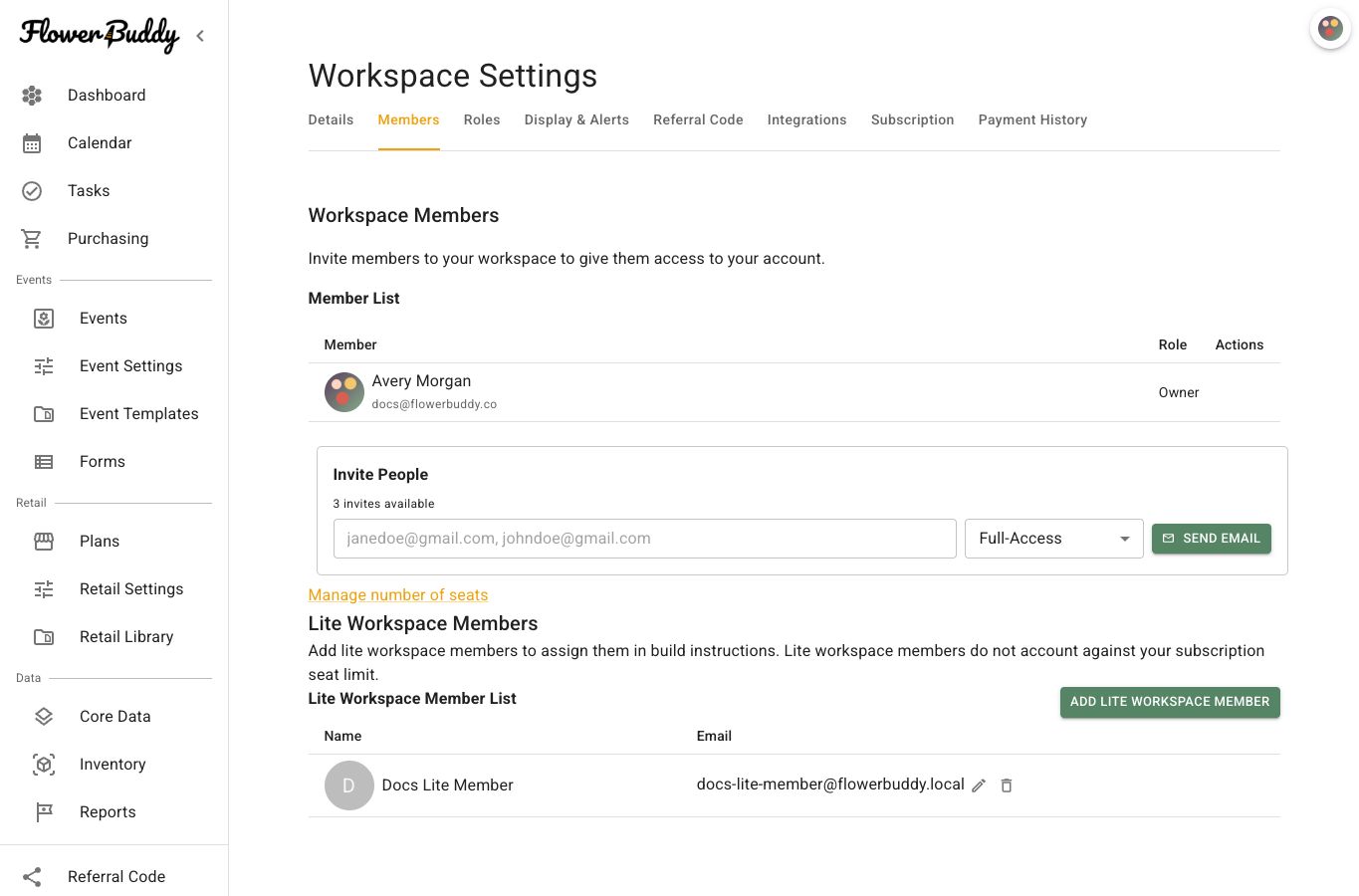 Workspace Settings Members tab showing the member list, pending invitations, role column, and Invite People area.