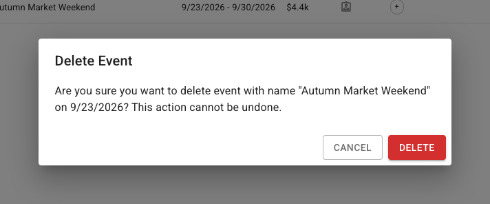 Delete Event confirmation dialog naming the retail plan and showing Cancel and Delete controls.