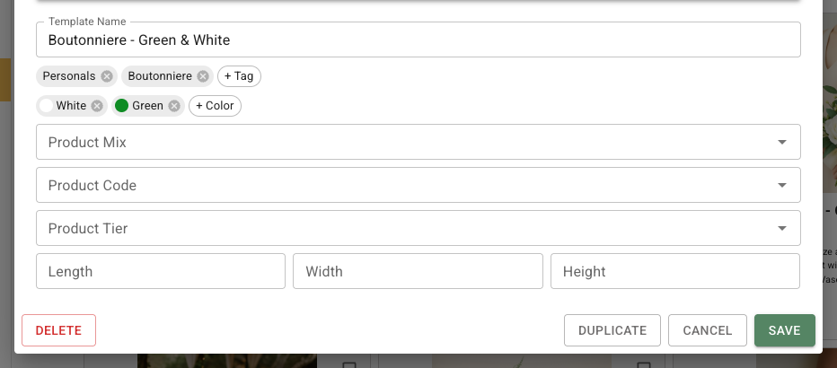 Recipe template details showing Template Name, tags, color tags, conditional product fields, dimensions, and Delete, Duplicate, Cancel, and Save actions