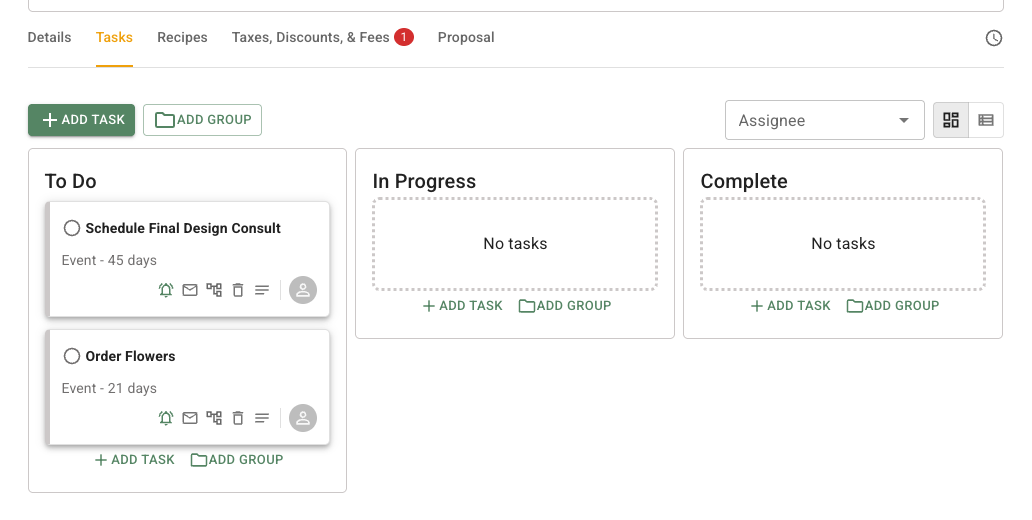 FlowerBuddy Event Template Tasks tab showing Schedule Final Design Consult and Order Flowers in the To Do lane, each with a relative event date, alongside empty In Progress and Complete lanes and Add Task and Add Group controls.