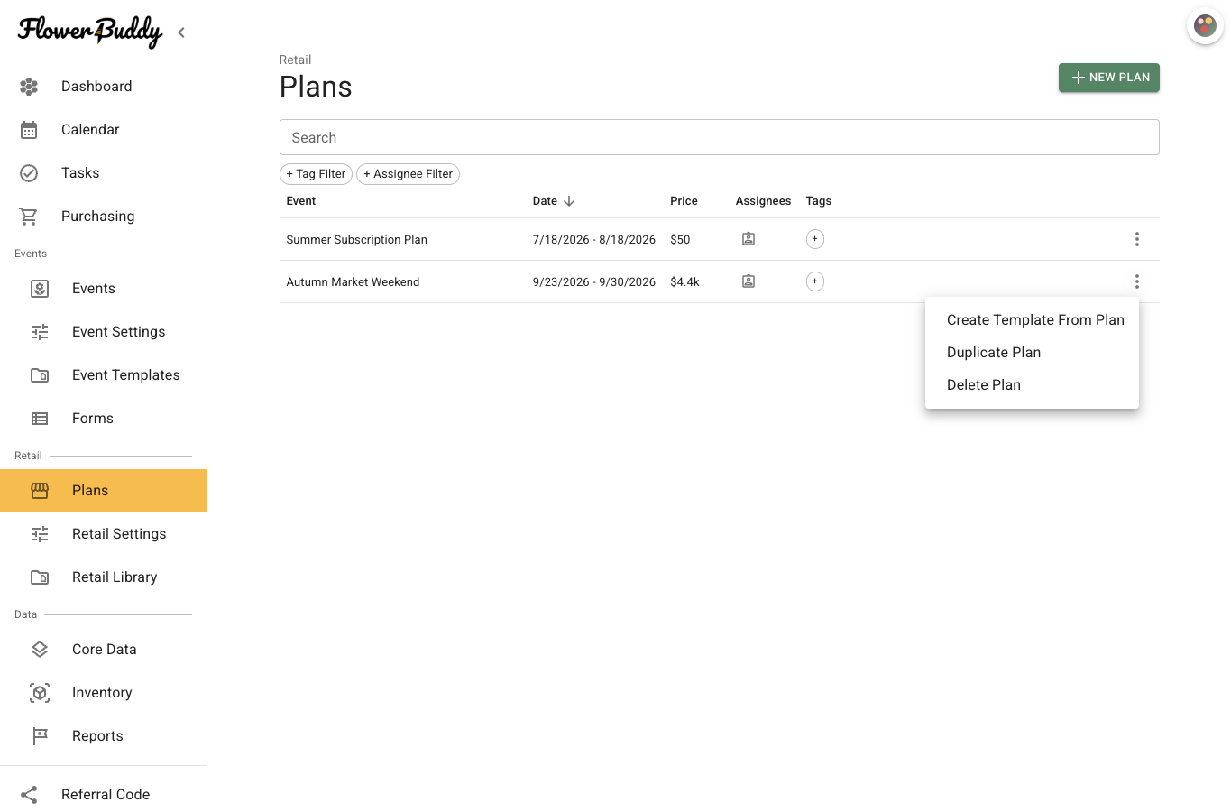 Plans list with search, tag and assignee filters, plan rows, and the row action menu for creating a template, duplicating, or deleting a plan.
