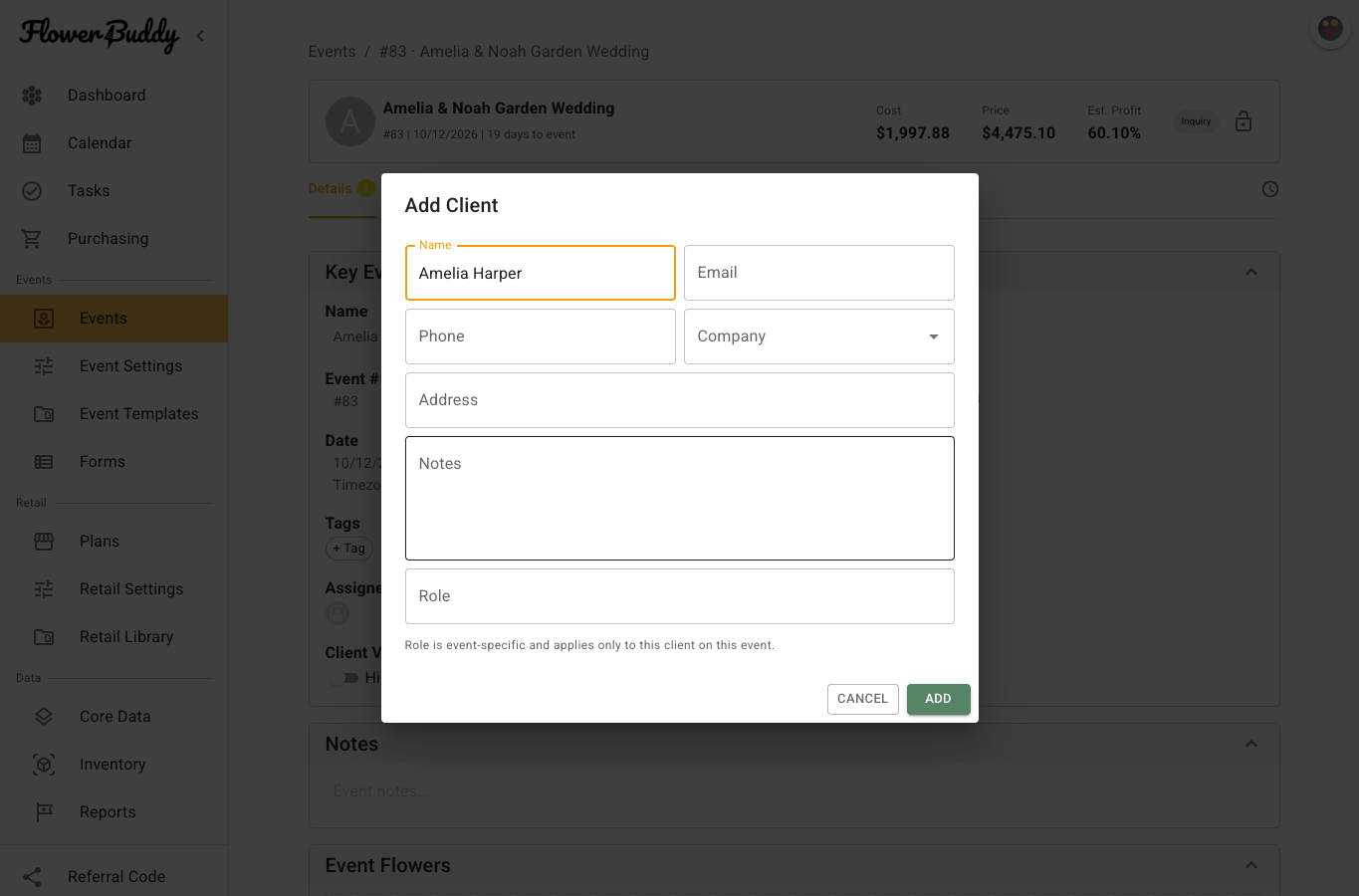 FlowerBuddy Add Client dialog for the Amelia and Noah Garden Wedding. The Name field contains Amelia Harper, with Email, Phone, Company, Address, Notes, and Role fields available above Cancel and Add.