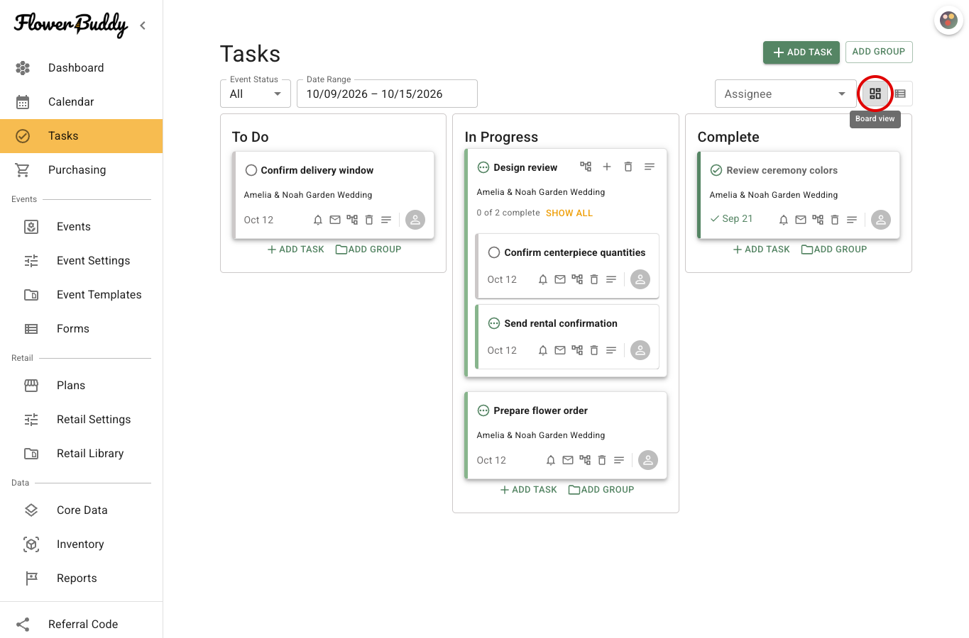 FlowerBuddy Tasks page in Board view with populated To Do, In Progress, and Complete columns, and the Board view button circled above the task cards.