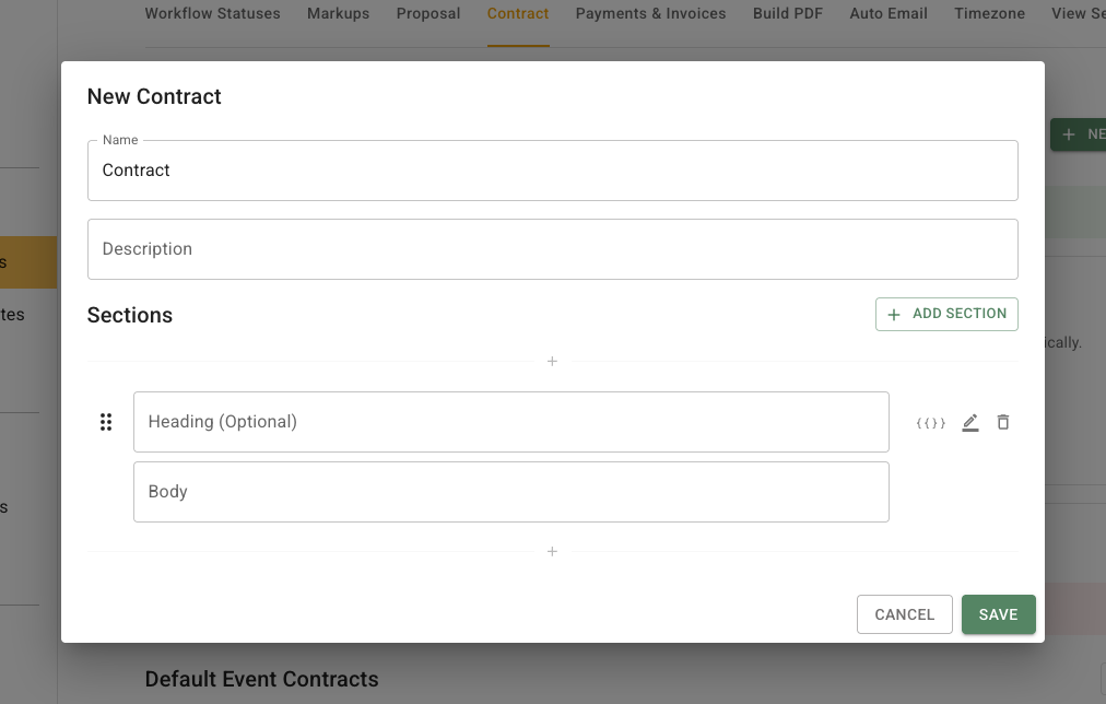 The New Contract dialog contains Name and Description fields, a Sections area with an optional heading and body, controls to insert variables or edit the section, an Add Section button, and Cancel and Save buttons.