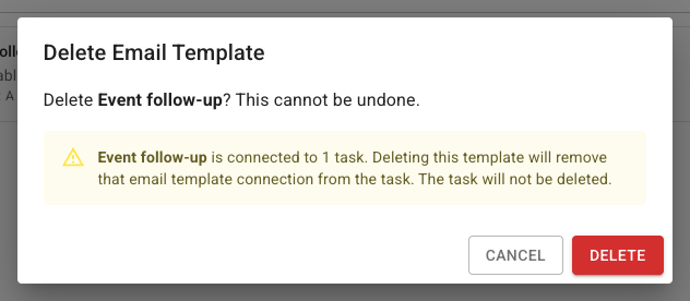 Delete Email Template dialog warning that Event follow-up is connected to one task, with Cancel and Delete actions