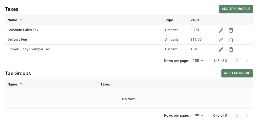 FlowerBuddy Tax Profiles tab with separate Taxes and Tax Groups sections.