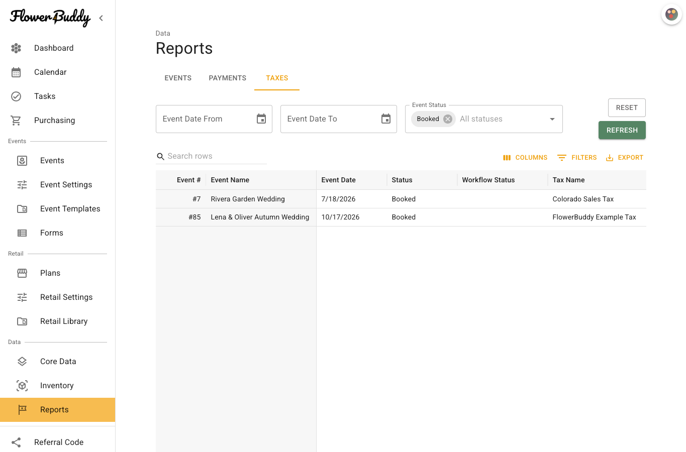 Taxes report with date and status filters above populated tax rows.