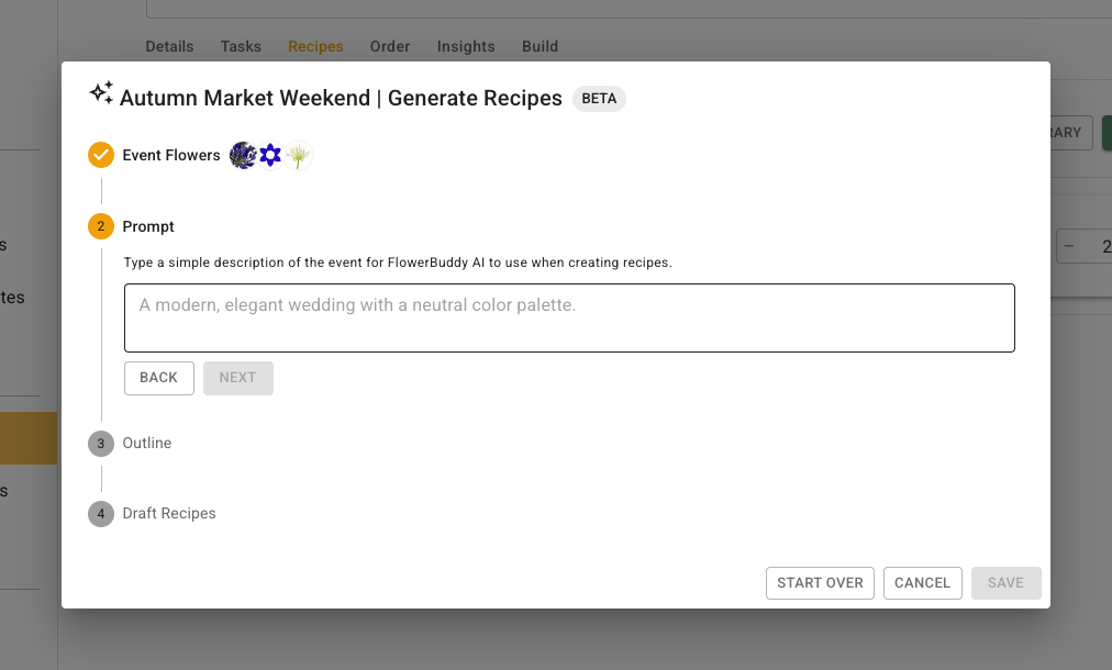 Generate Recipes dialog Prompt step with a text field for describing the collection.