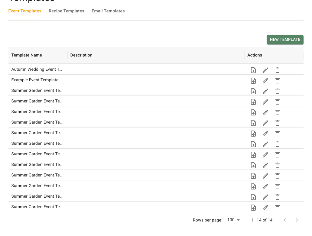 FlowerBuddy Event Templates library showing Event Templates, Recipe Templates, and Email Templates tabs, a populated template table with Template Name, Description, and Actions columns, and New Template above the list.
