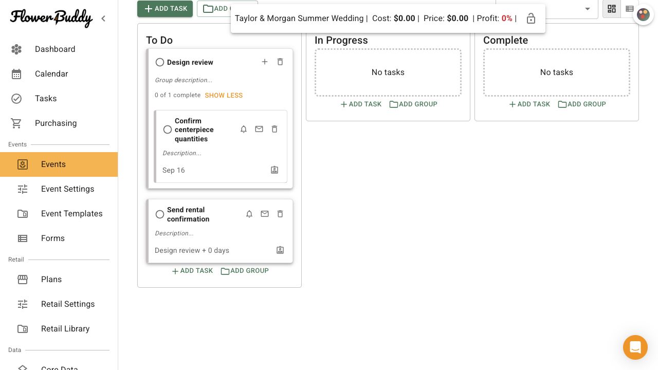 FlowerBuddy Event Page Tasks tab showing a Design review group and its event tasks in the To Do column; In Progress and Complete are empty.