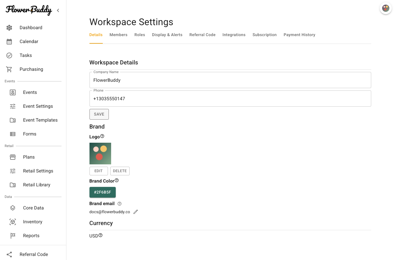 Workspace Settings Details tab in edit mode with Company Name and Phone fields, a workspace logo, Brand Color, Brand email, and Currency.