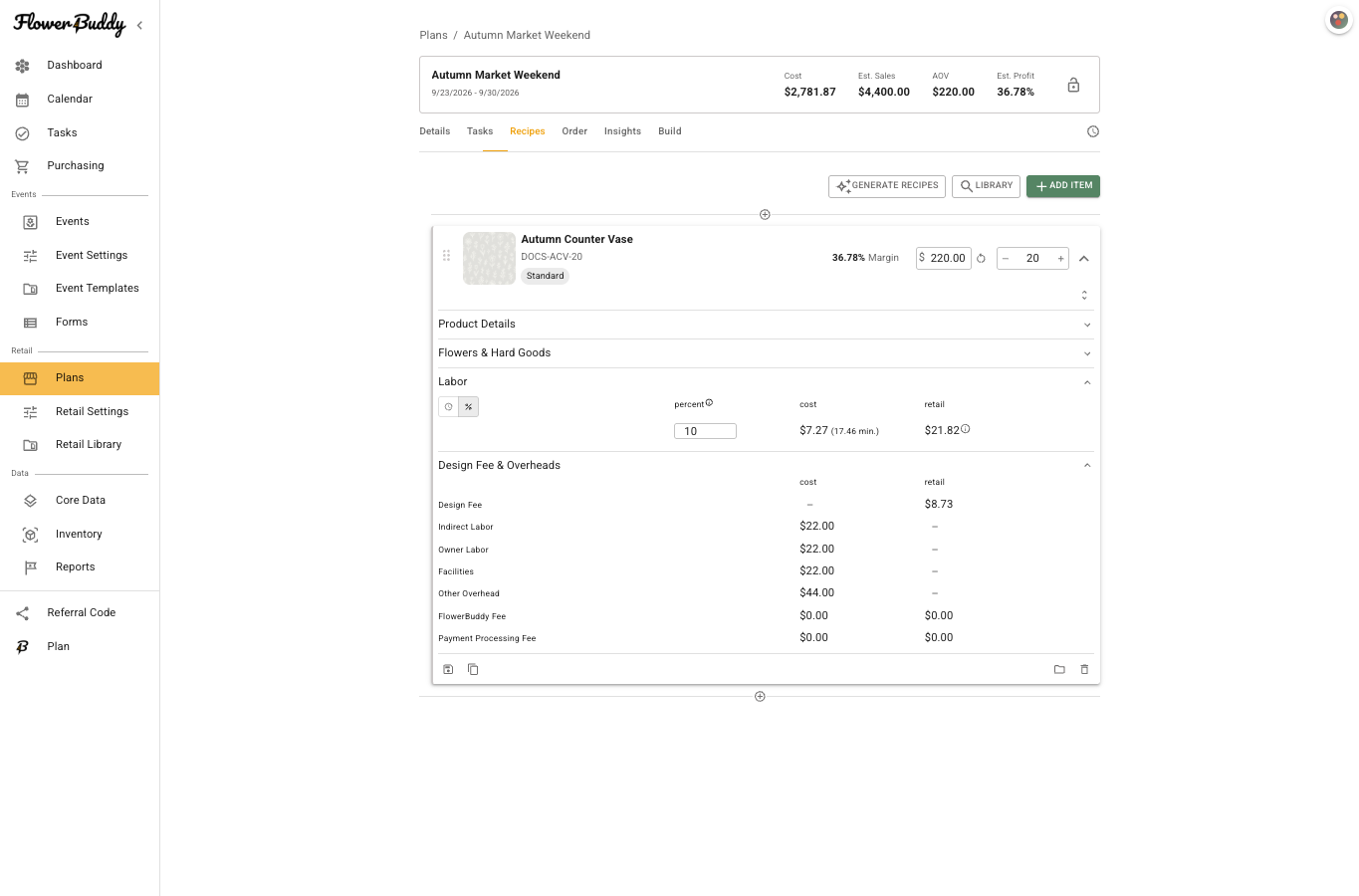Expanded retail product showing a labor percentage, calculated labor cost and retail amount, plus Design Fee and Overheads.