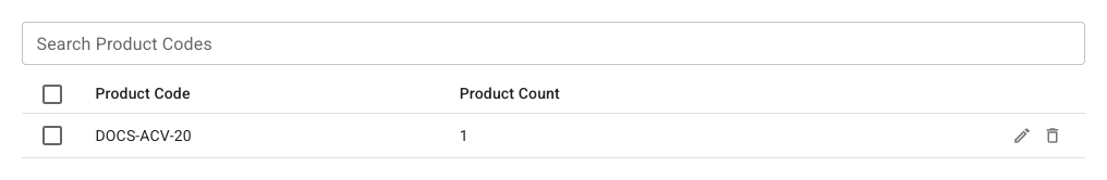 FlowerBuddy Product Codes tab with the DOCS-ACV-20 code assigned to one product and edit and delete actions.