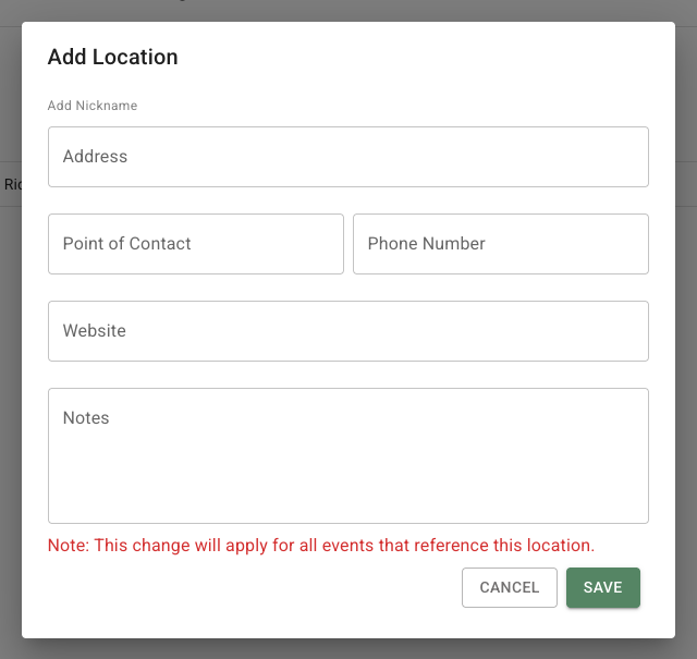 FlowerBuddy Add Location dialog with nickname, address, point-of-contact, website, and notes fields.