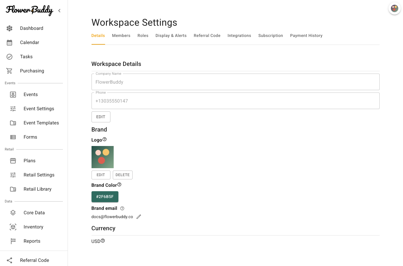 Workspace Settings Details tab showing Company Name, Phone, Logo, Brand Color, Brand email, and Currency.