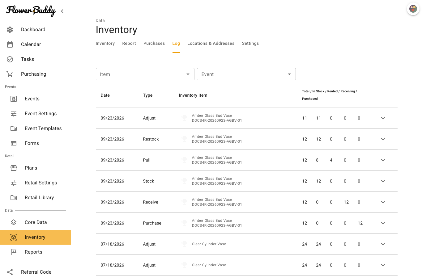 Inventory Log with Amber Glass Bud Vase Purchase, Receive, Stock, Pull, Restock, and Adjust rows and their resulting stage quantities.