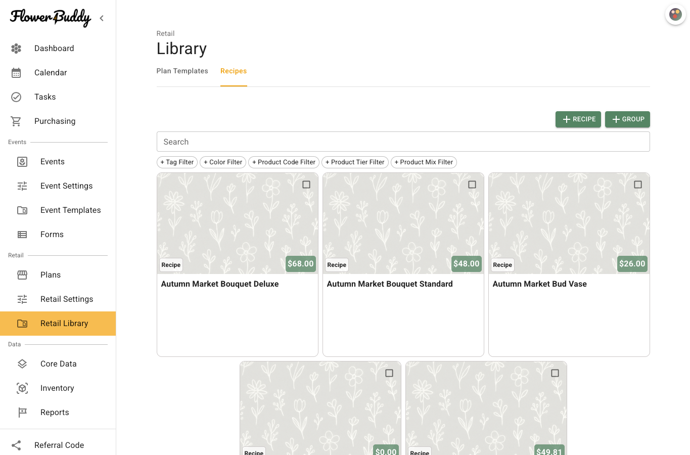 Retail Recipes filter area with the Search field and Tag Filter, Color Filter, Product Code Filter, and Product Tier Filter controls.