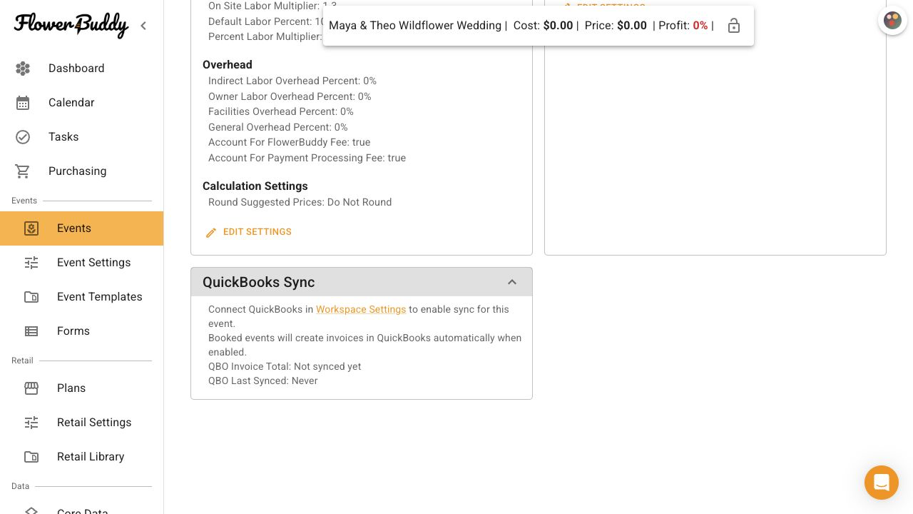 FlowerBuddy Details tab showing the QuickBooks Sync section with a prompt to connect QuickBooks, QBO Invoice Total marked Not synced yet, and QBO Last Synced marked Never.