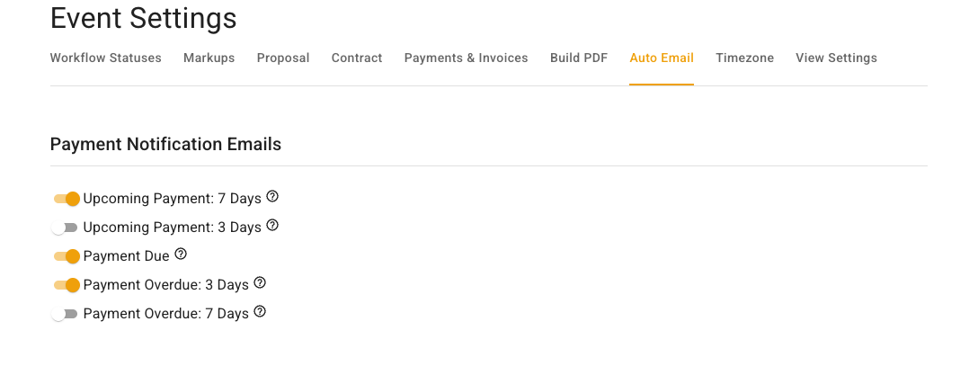 The Auto Email tab shows Payment Notification Emails with switches for Upcoming Payment: 7 Days, Upcoming Payment: 3 Days, Payment Due, Payment Overdue: 3 Days, and Payment Overdue: 7 Days.