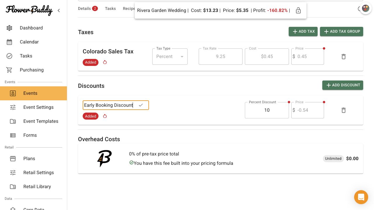 FlowerBuddy Taxes, Discounts, & Fees view showing tax and discount rows marked Added with reset icons, illustrating amendment indicators rather than old and new values side by side.