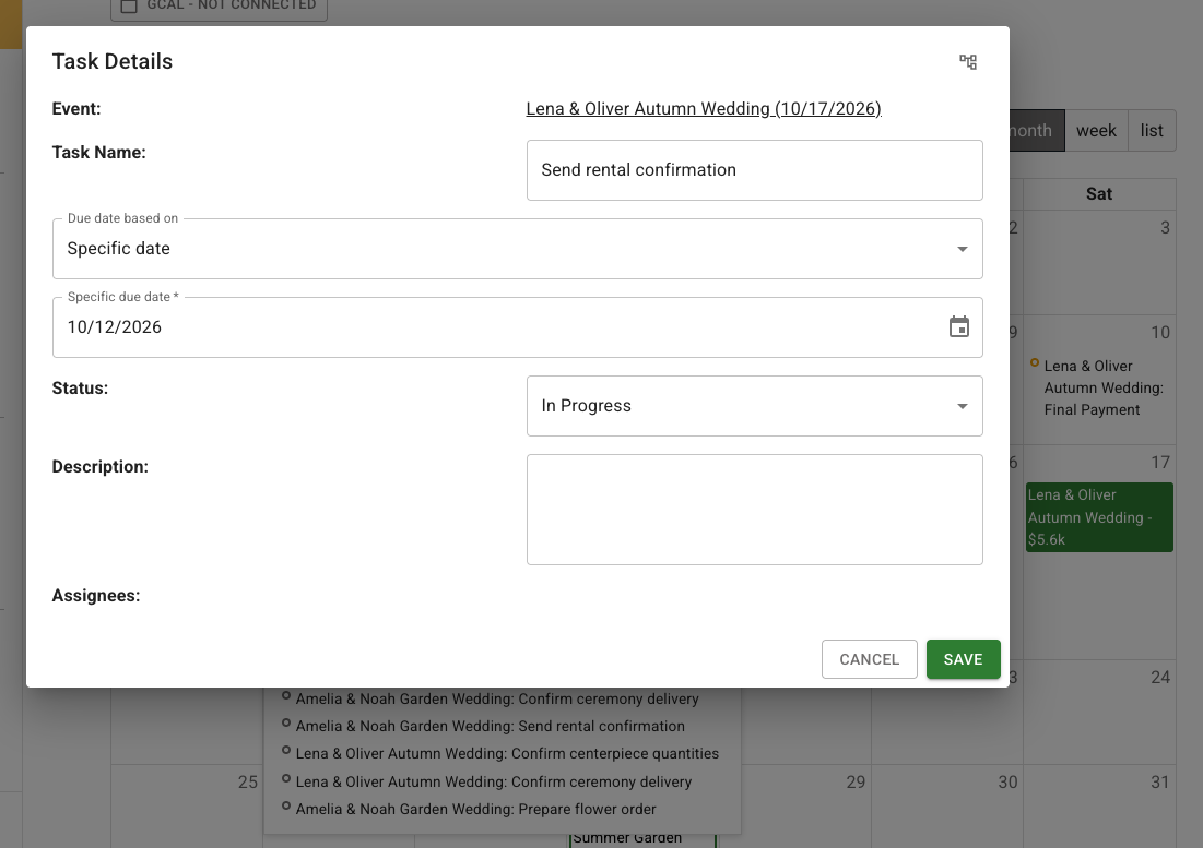 FlowerBuddy Calendar Task Details dialog for Send rental confirmation on Lena and Oliver Autumn Wedding, showing Specific date set to October 12 2026, In Progress status, description area, assignees area, Cancel, Save, and the October calendar behind the dialog.