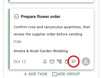 FlowerBuddy Board task card with its description expanded and the Show description control highlighted, showing the description text and task controls.