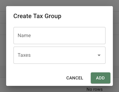 FlowerBuddy Create Tax Group dialog with a name and tax-profile selector.