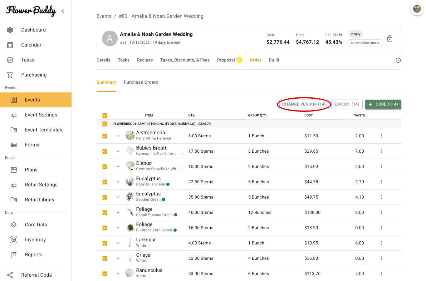 FlowerBuddy Event Order Summary with populated flower quantities and costs, selected item checkboxes, and the enabled Change Vendor button circled above the table.