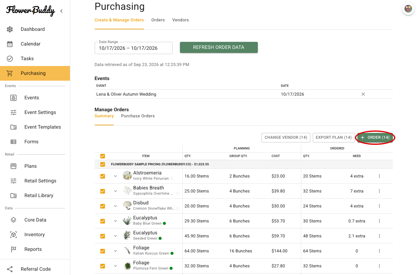 Purchasing Summary with selected flower rows and the Order button circled above the populated requirements
