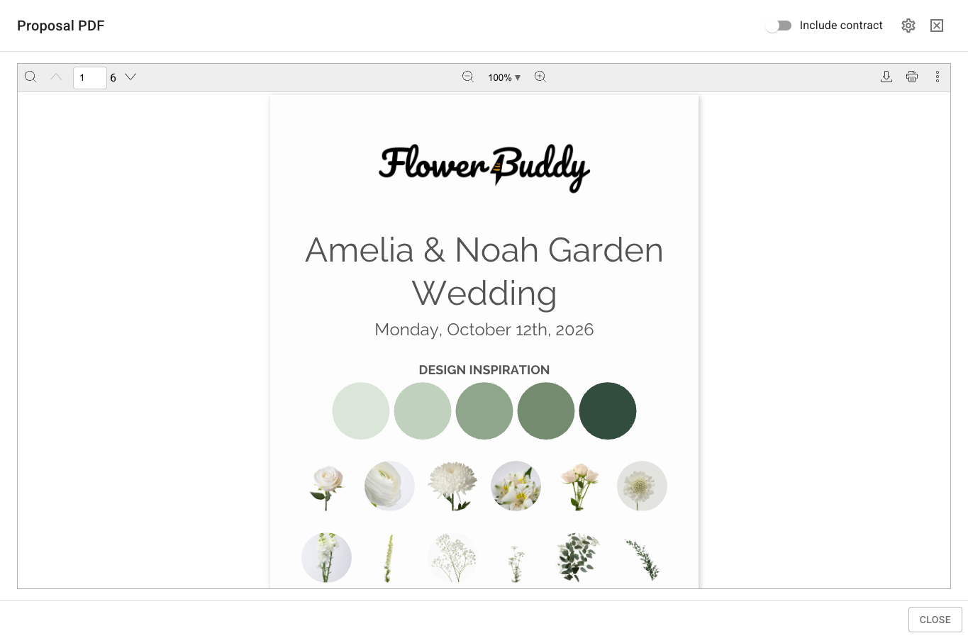FlowerBuddy Proposal PDF viewer showing page 1 of a six-page proposal for Amelia and Noah Garden Wedding, with the title, event date, design inspiration flowers, download and print controls, and Include contract off.