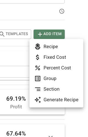FlowerBuddy Recipes tab with the Add Item menu open beside its button, offering Recipe, Group, Fixed Cost, Percent Cost, and Generate Recipe.