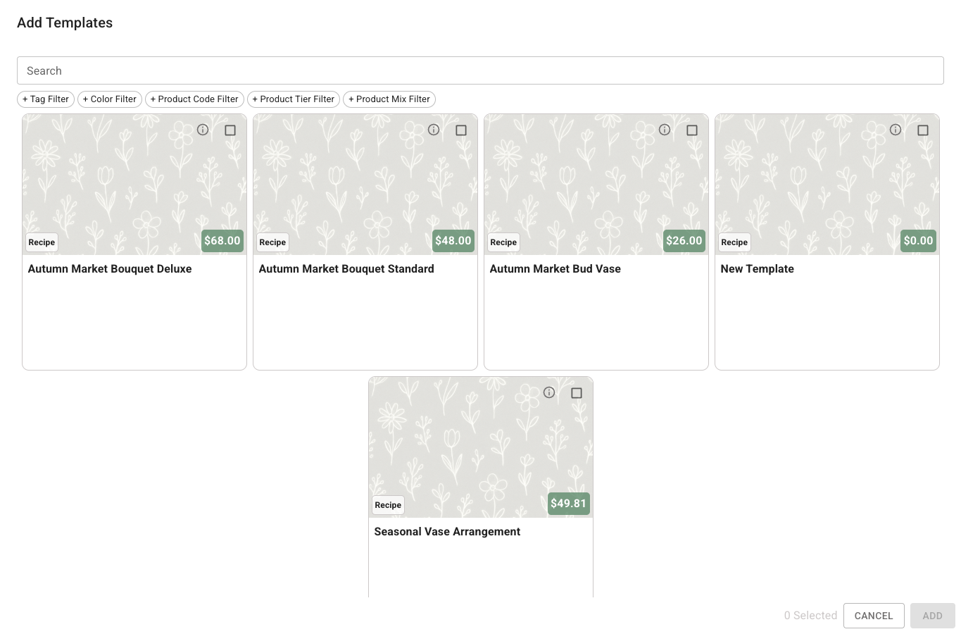 Add Templates dialog with a Search field, recipe cards for New Template and Seasonal Vase Arrangement, selection controls, and an Add action.
