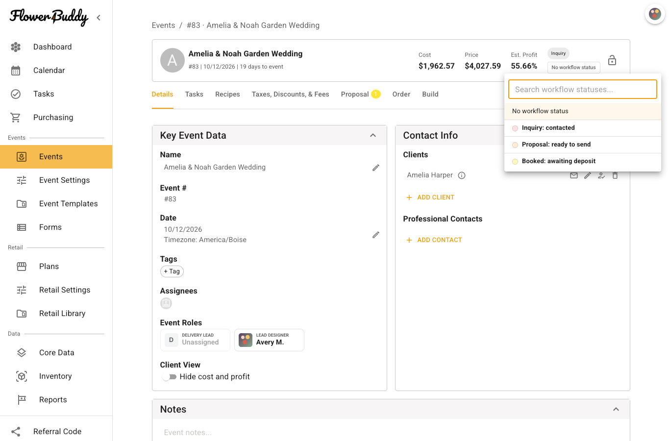 FlowerBuddy event summary with Inquiry as its main status and the Workflow Status menu open, showing search, No workflow status, and three custom choices for inquiry, proposal, and booked progress.