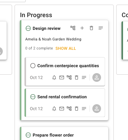 FlowerBuddy Design review task group with a completion count, Show All control, and two visible tasks, Confirm centerpiece quantities and Send rental confirmation, each with its own status and due date.