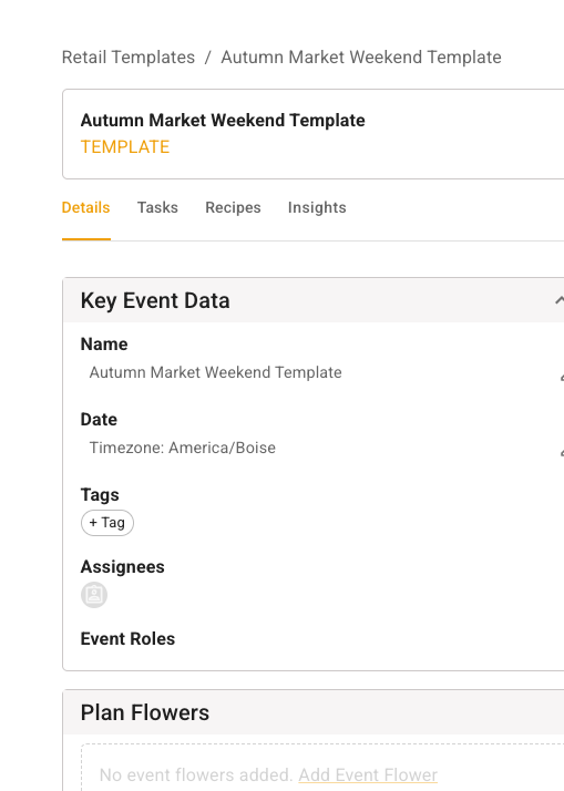 Autumn Market Weekend Template page with Details, Tasks, Recipes, and Insights tabs and reusable plan information on Details.