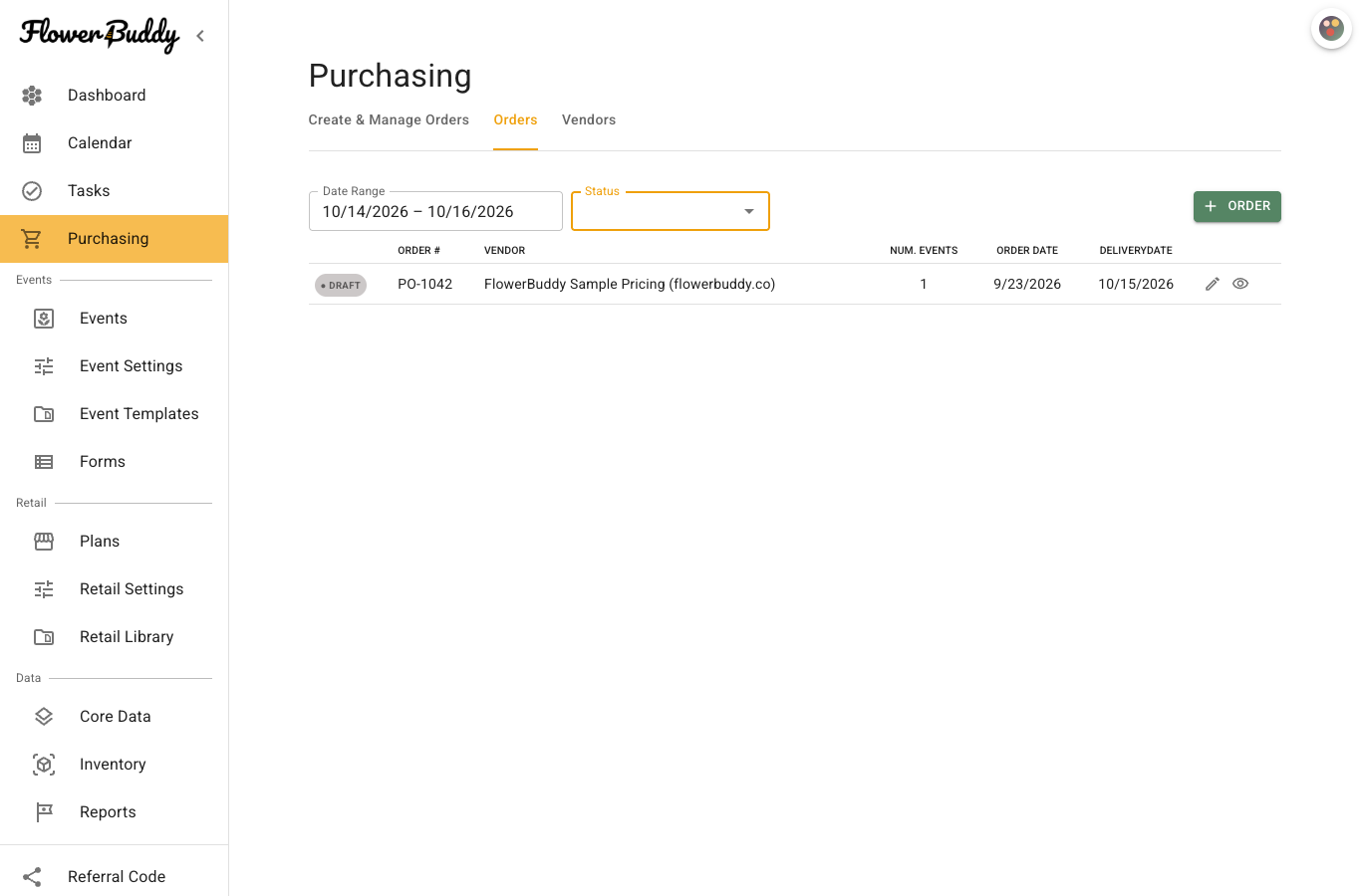 Orders tab listing a saved purchase order with vendor, event count, order date, delivery date, status filter, and edit controls