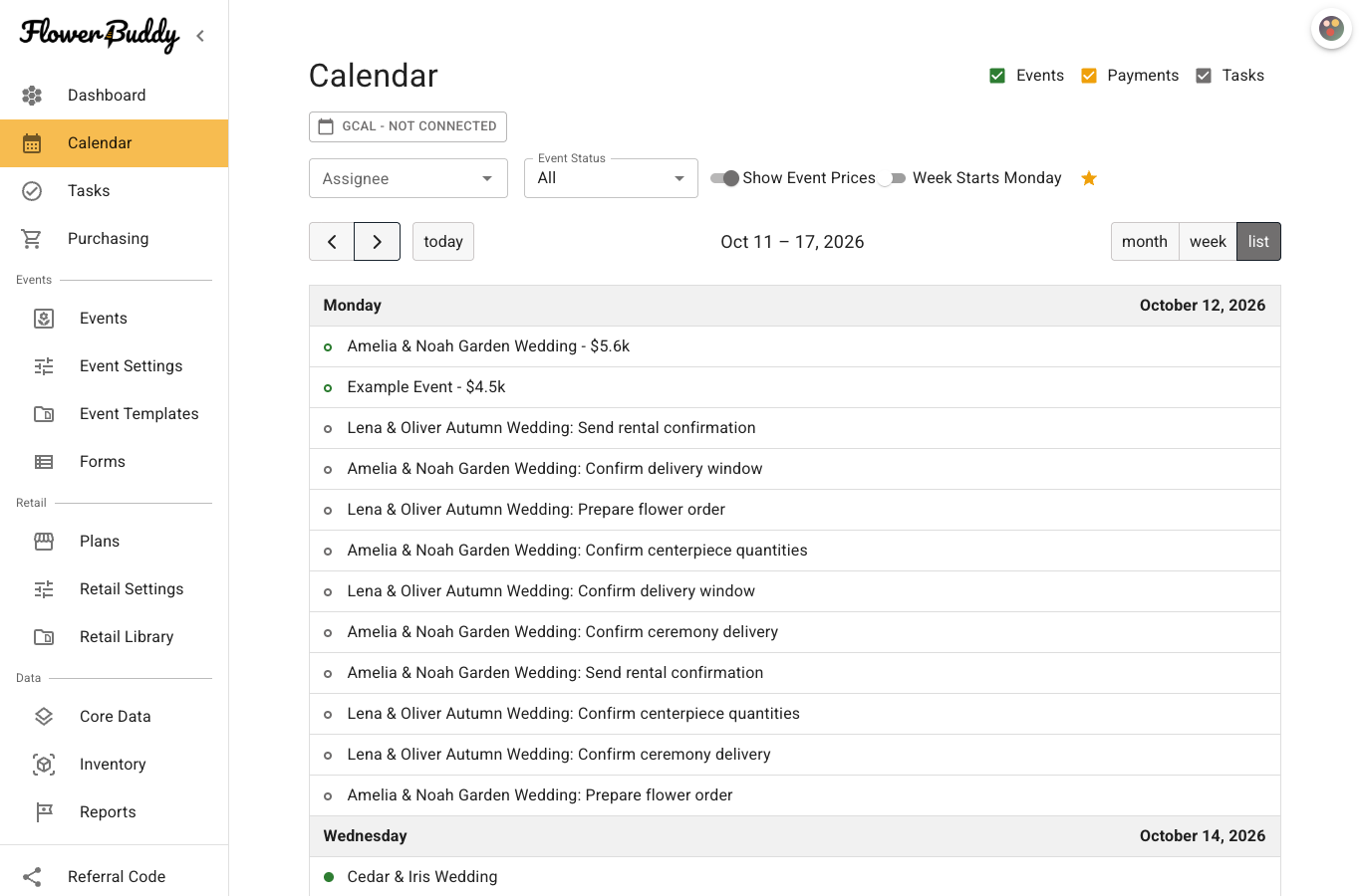 FlowerBuddy Calendar List view for October 11 through October 17, 2026, showing event rows, task rows, and a dated event entry grouped under October dates.