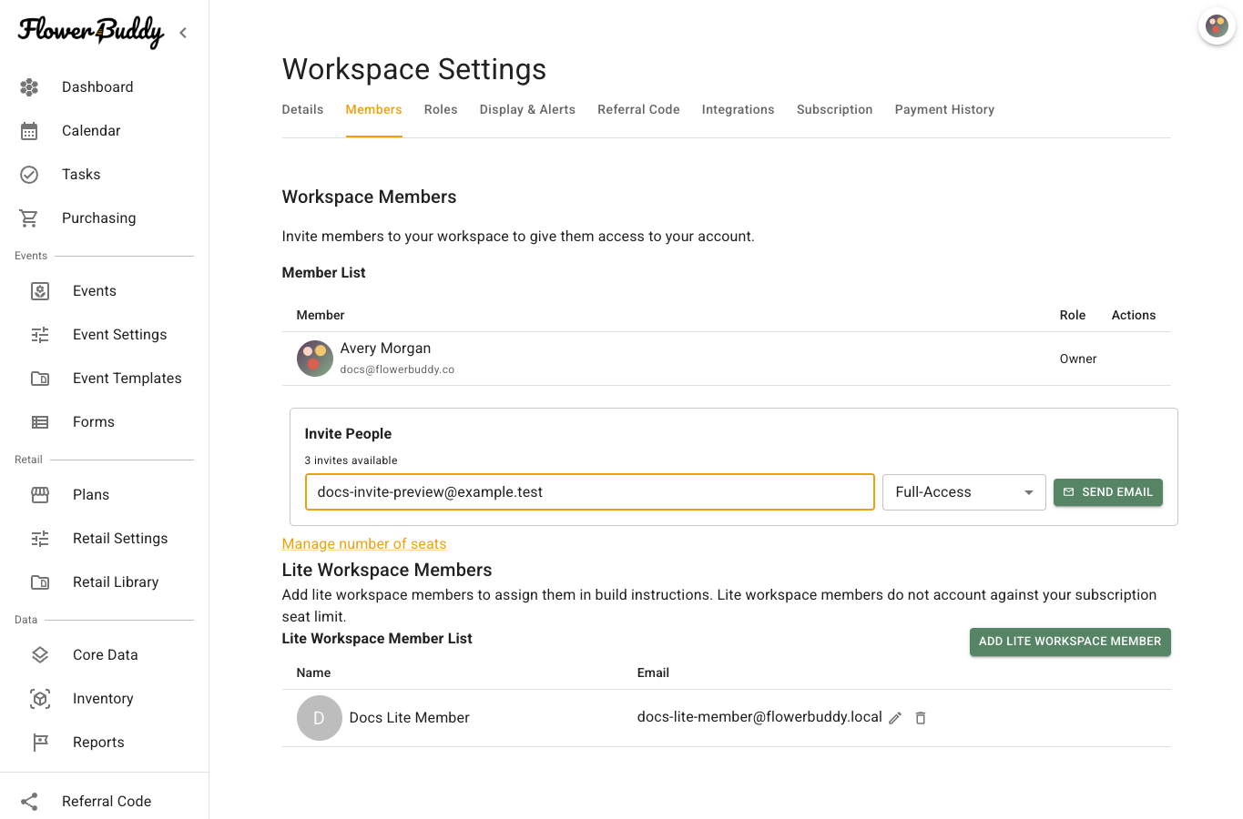 Members tab with an unsent address in the Invite People field, the Full-Access menu, and the Send Email button.