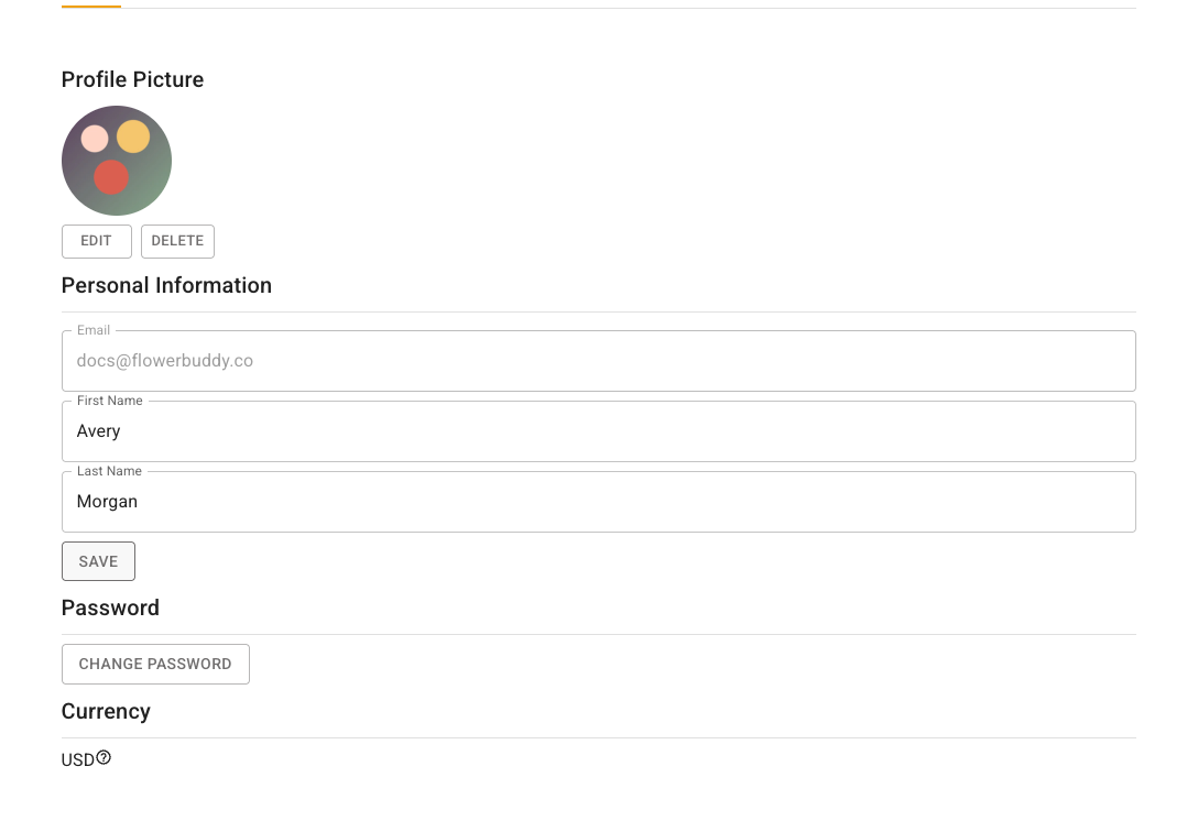 FlowerBuddy Account Settings Personal Information section in edit mode, with read-only Email and editable First Name and Last Name fields above the Save button.