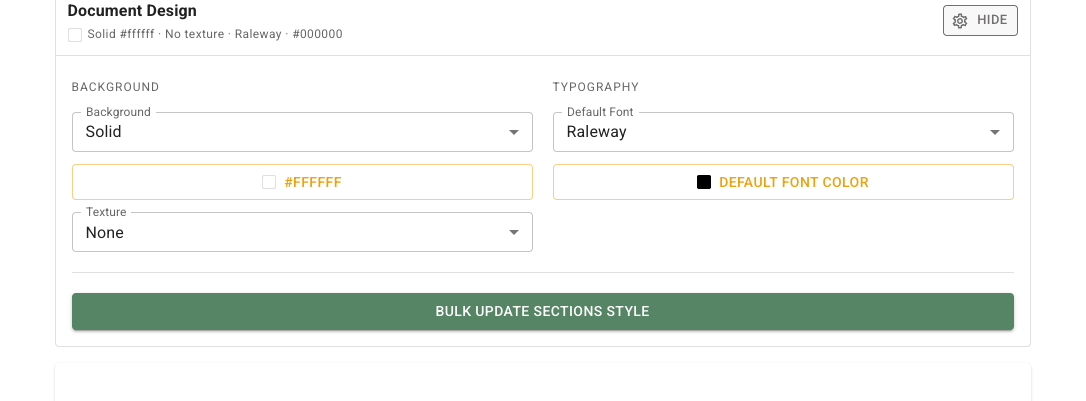 The Proposal tab has Document Design expanded. The design controls appear below proposal settings and above the proposal preview area, where a florist can configure how the proposal is presented.