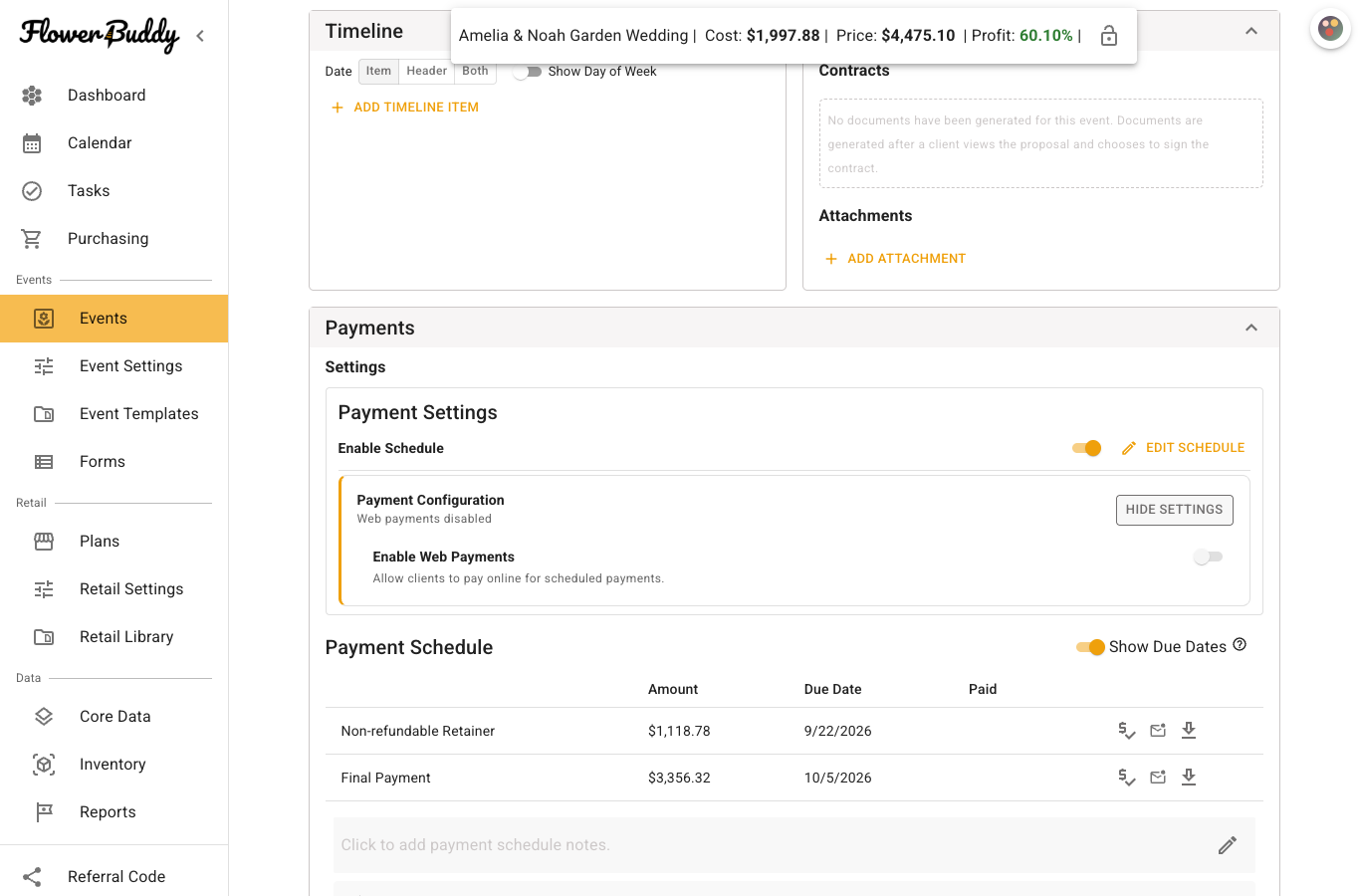 FlowerBuddy Payments section with Payment Configuration expanded. Web payments are disabled, and the Enable Web Payments control is off above the valid two-row payment schedule.